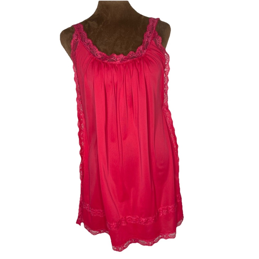 Vtg 60s Babydoll Nightie Dress Small Red Sheer Nightgown Coquette Lace Trim
